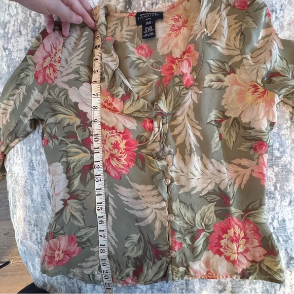 VTG Fairy Coquette 100% Silk Ruffle Blouse Size S P Sage Green Romantic Floral - Picture 13 of 16